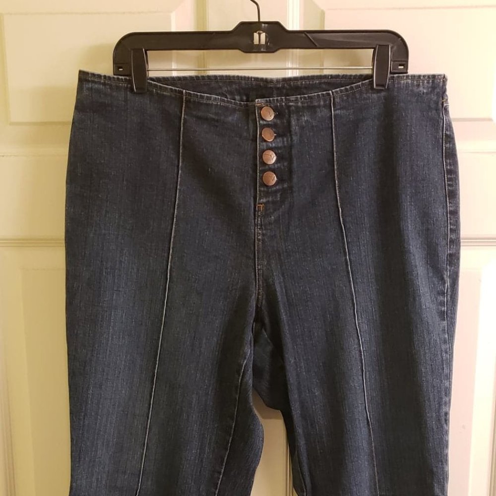 Venezia Button-Up Pintuck Flare Jeans, Size 16